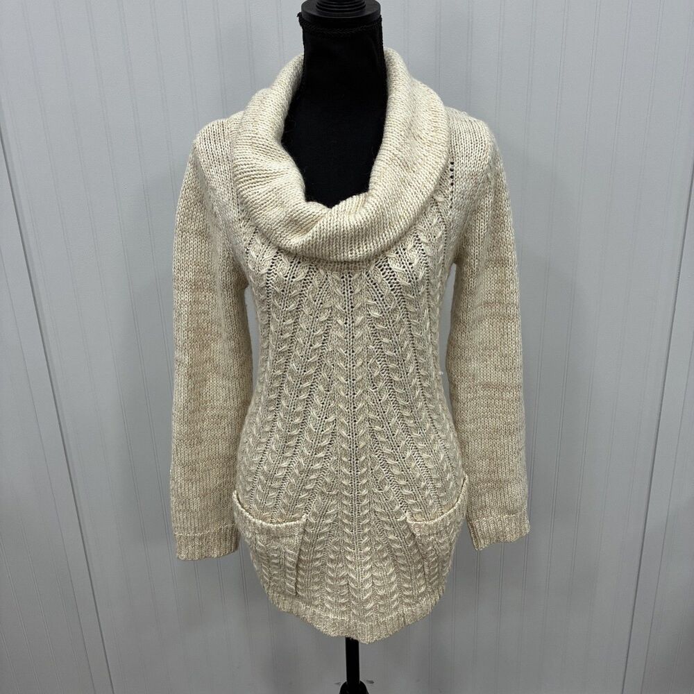 Anthropologie Guinevere Womens Large Beige Cable Knit Cowl Neck Sweater Classic
